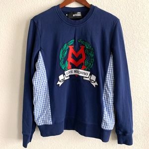LOVE MOSCHINO blue plaid logo long sweatshirt top sz M womens